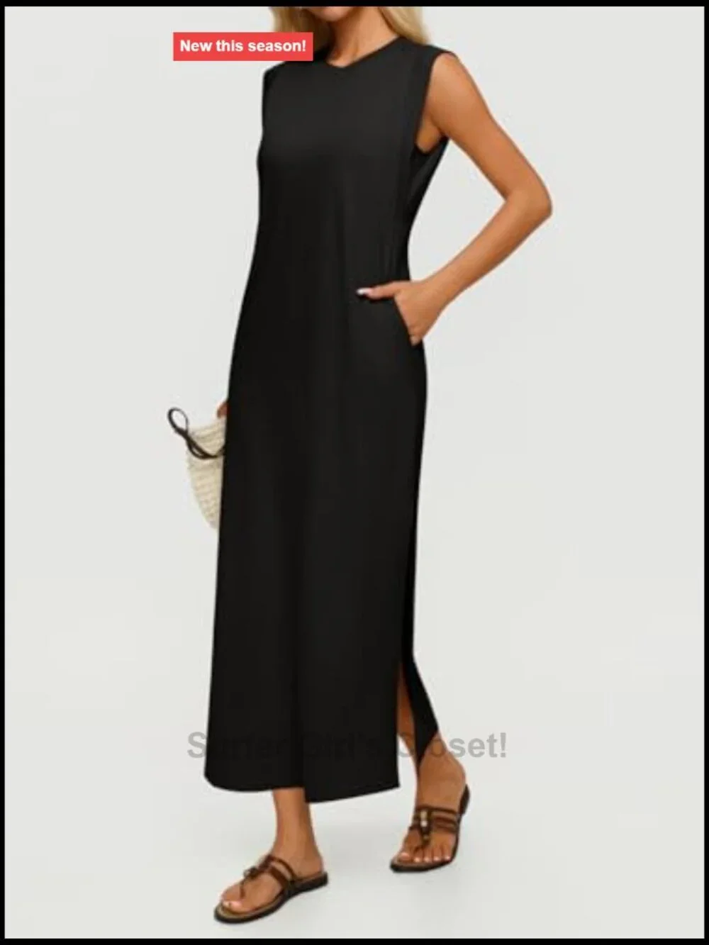 Women's Sleeveless Summer Maxi Dress with Pockets Side Slit Casual Beach